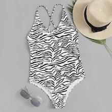 Romwe Zebra Print Criss Cross One Piece Swimsuit