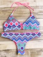 Romwe Blue Geometric Print Strappy Back Bikini Set