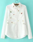 Romwe Lapel Pocket Embroidered Blouse