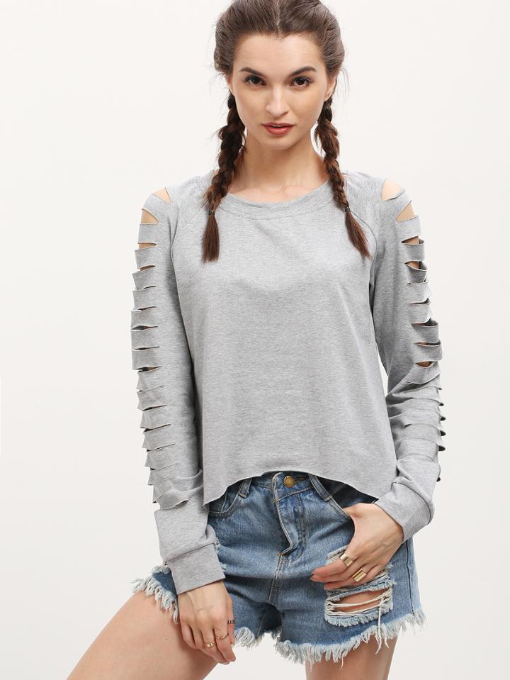 Romwe Grey Long Sleeve Cut Out T-shirt