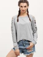 Romwe Grey Long Sleeve Cut Out T-shirt