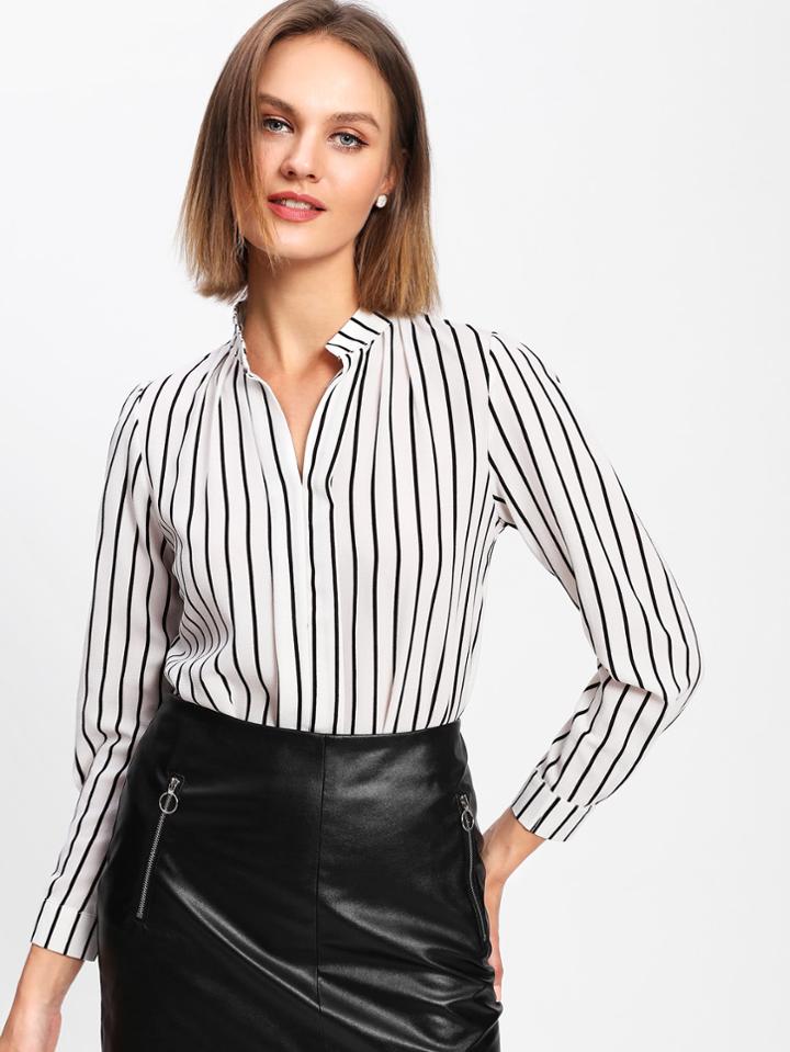 Romwe Pinstripe V Neckline Top