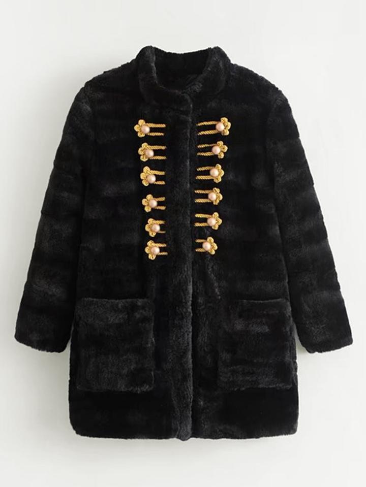 Romwe Faux Pearl Button Faux Fur Longline Coat