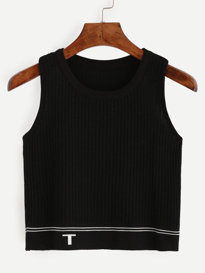 Romwe Black Ribbed Knit Crop Racerback Tank Top