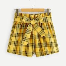 Romwe Knot Front Plaid Print Shorts