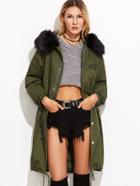 Romwe Army Greey Hooded Faux Fur Parka Coat With Drawstring