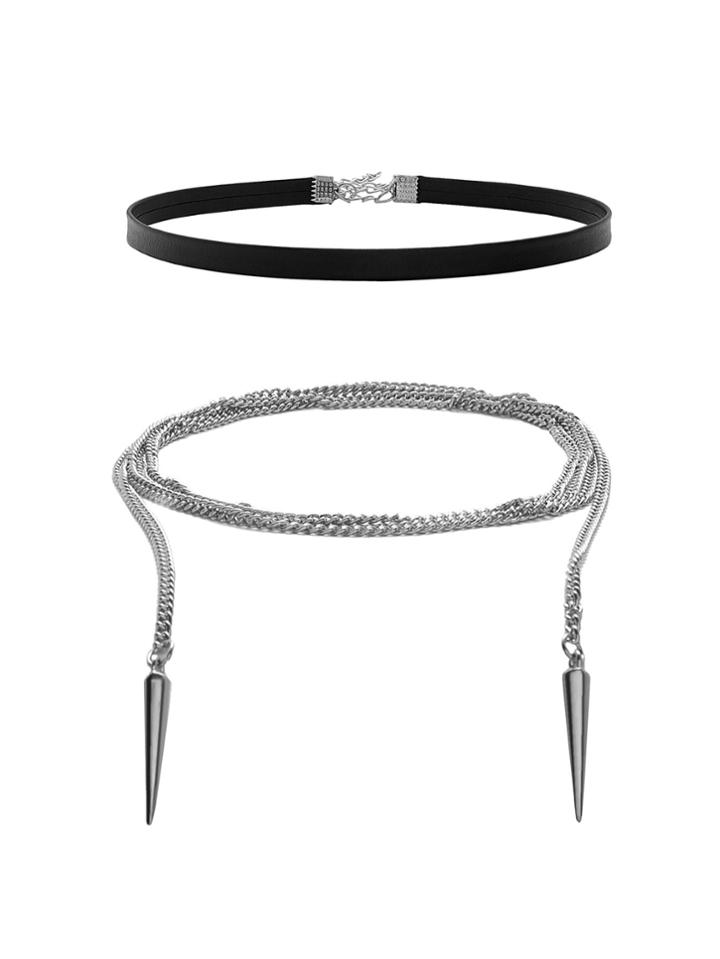 Romwe Pu Choker & Bar Design Wrap Chain Necklace Set