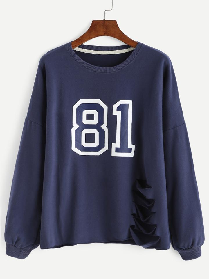 Romwe Blue Number Print Dropped Shoulder Seam Ripped Sweatshirt