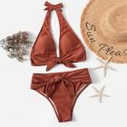 Romwe Halter Top With Ruched Knot Front Bikini Set