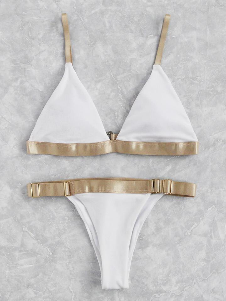 Romwe Metallic Trim Triangle Bikini Set