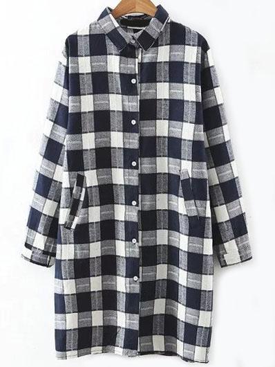 Romwe Navy Plaid Dual Pockets Shirt Dress