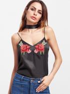 Romwe Black Embroidered Rose Patch Cami Top With Neck Tie