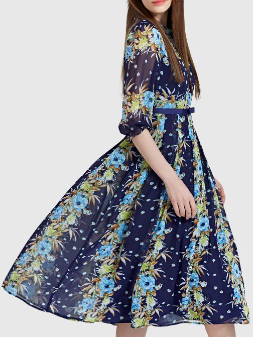 Romwe Navy Bowknot Floral A-line Dress