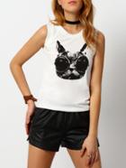 Romwe Cat Print White Tank Top