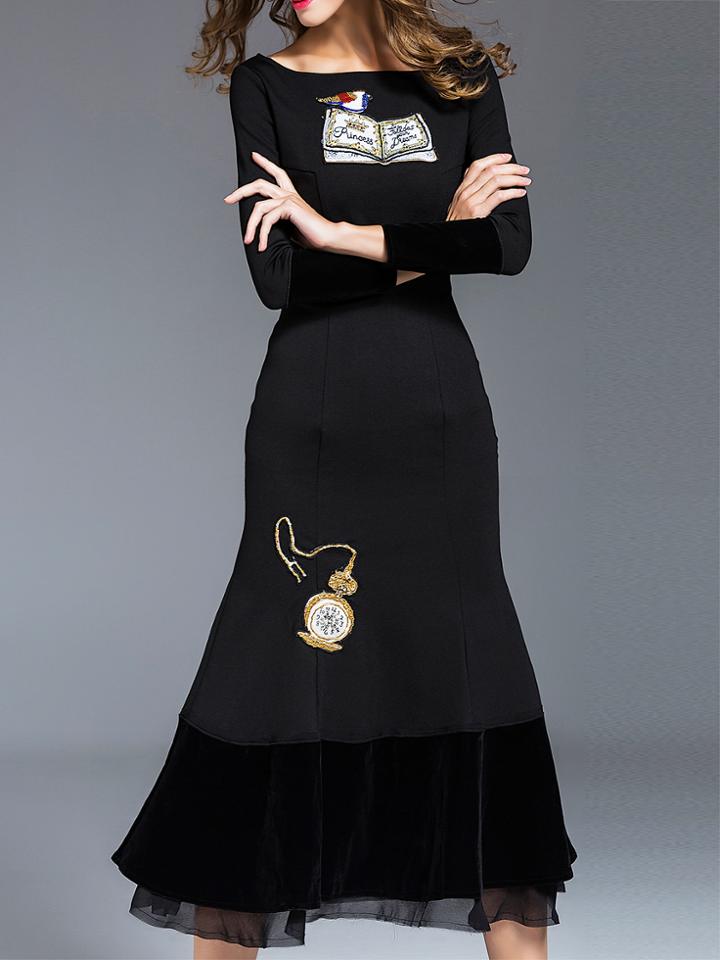 Romwe Black Sequined Fishtail Long Dress