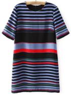 Romwe Multicolor Stripe Zipper Back Short Sleeve Dress