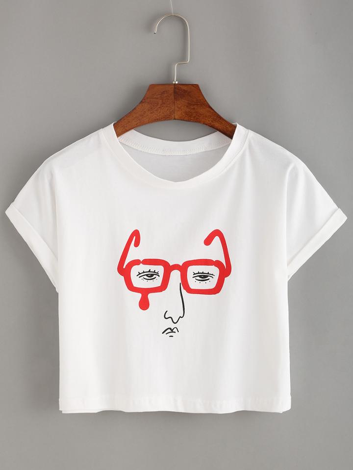 Romwe Glasses Man Print Crop T-shirt - White