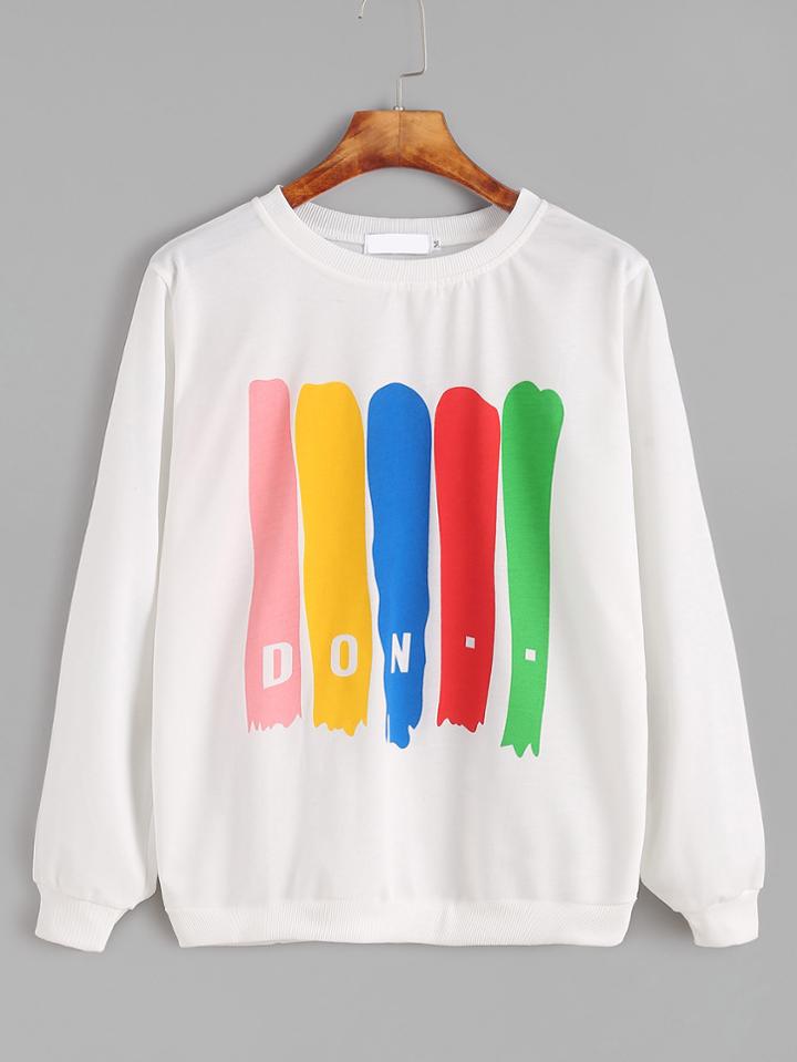 Romwe White Print Long Sleeve Sweatshirt