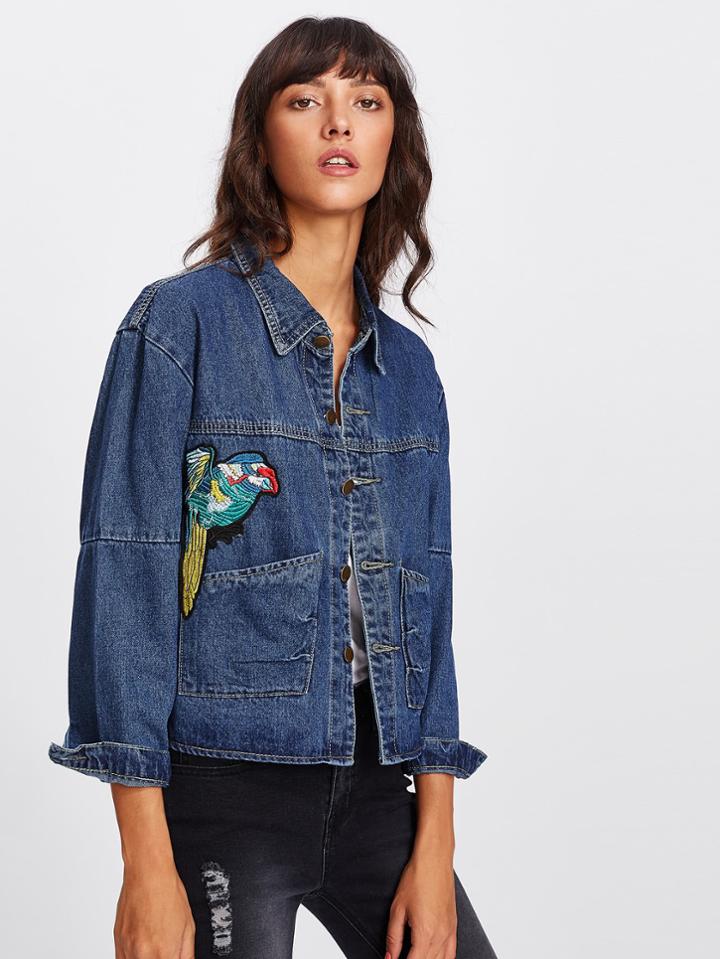 Romwe Bird Embroidered Denim Jacket