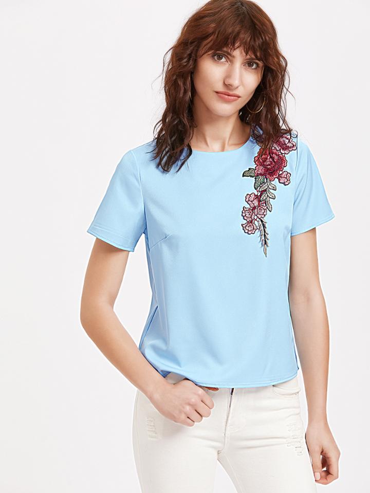 Romwe Blue Rose Patch Buttoned Keyhole Back Short Sleeve Top