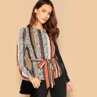 Romwe Animal And Striped Print Belted Top