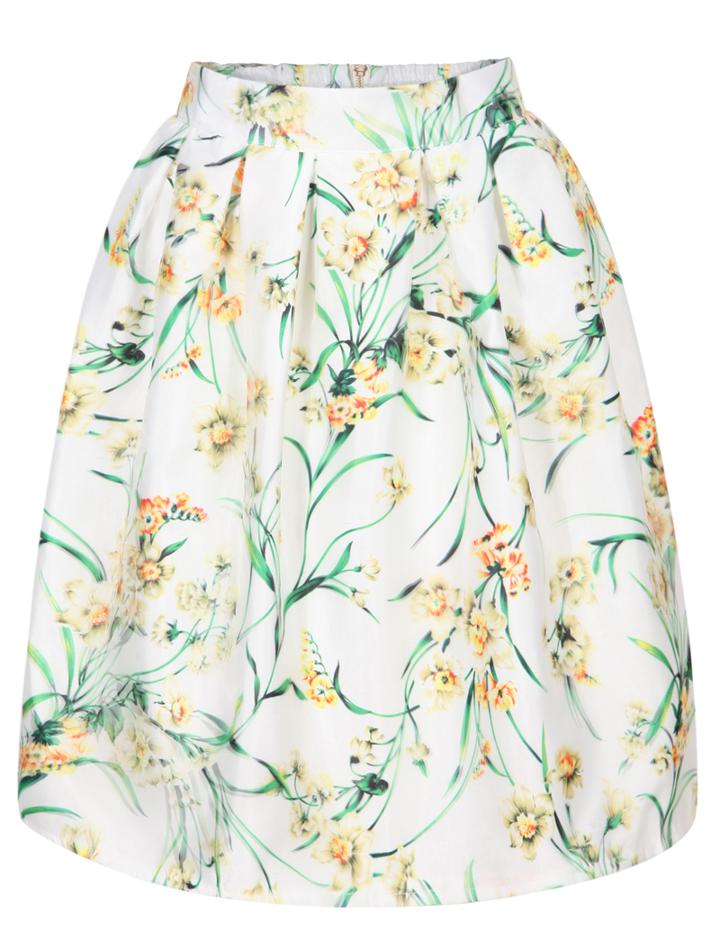 Romwe Floral Elastic Waist Midi Skirt
