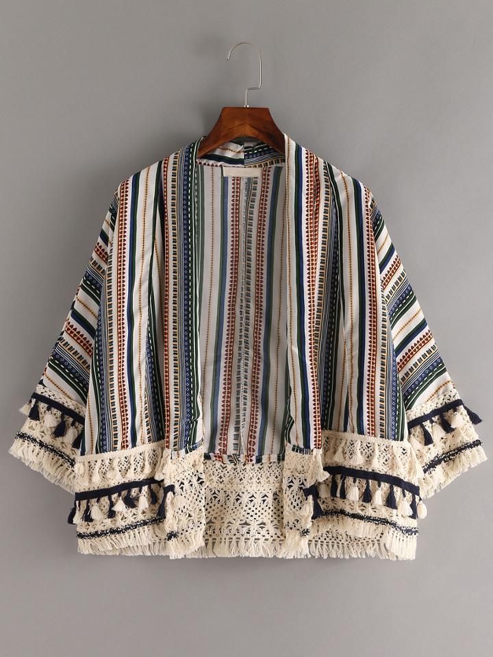 Romwe Tassel Trimmed Multicolor Vertical Stripe Print Top