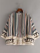 Romwe Tassel Trimmed Multicolor Vertical Stripe Print Top