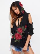 Romwe Open Shoulder Deep V Neckline Rose Appliques Hoodie