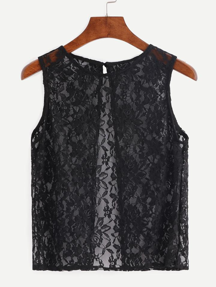 Romwe Black Sheer Lace Slit Back Top