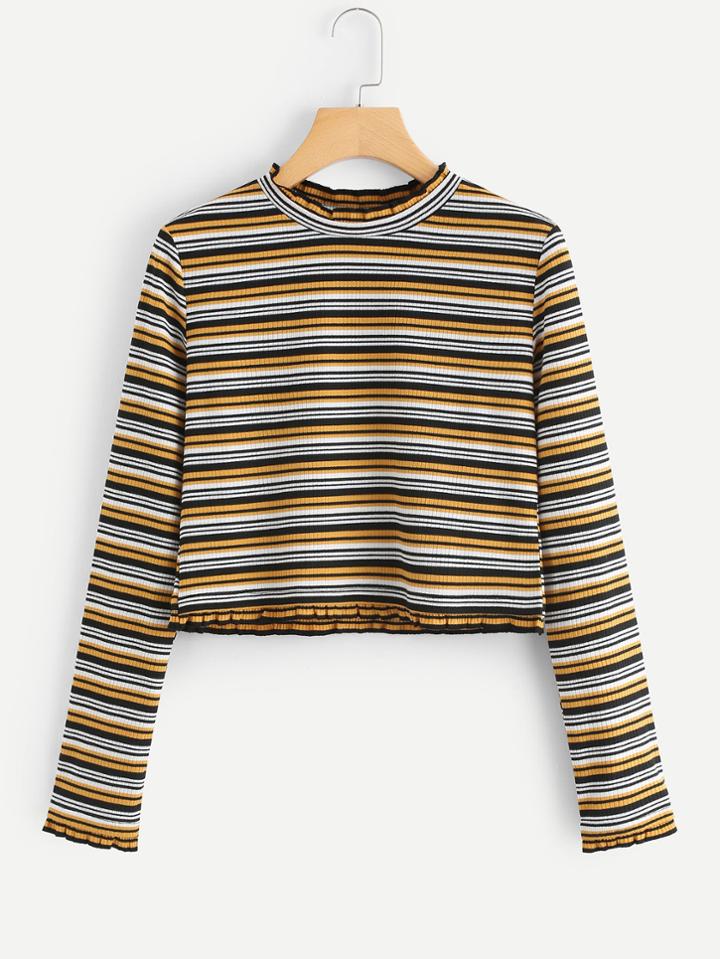 Romwe Frill Trim Striped Crop Tee