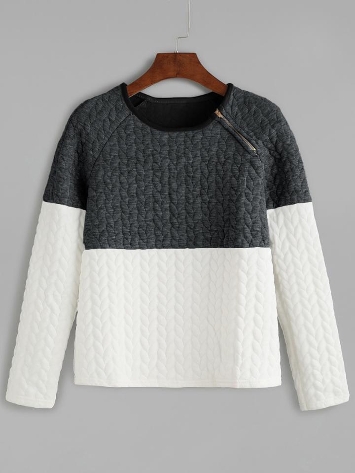 Romwe Color Block Cable Embossed Zip Trim Sweatshirt