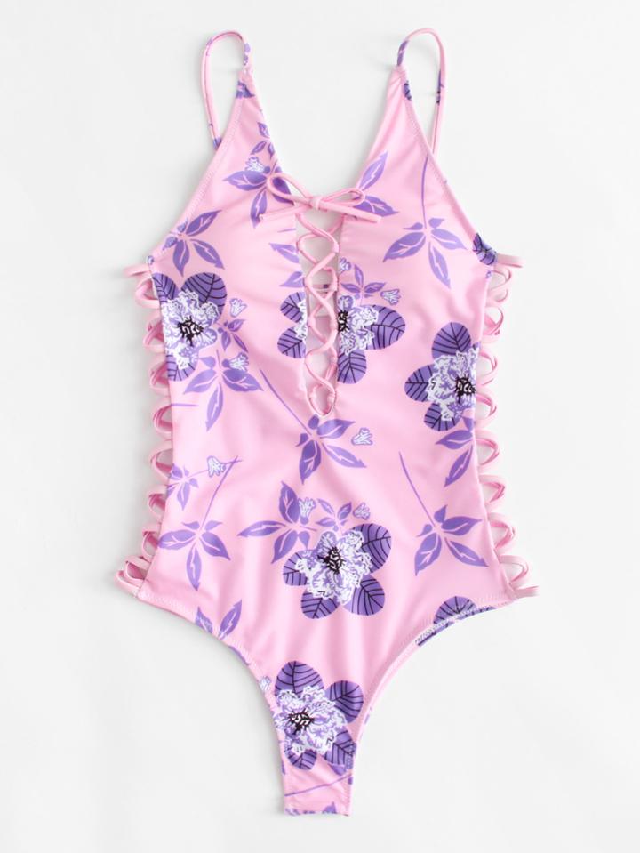 Romwe Flower Print Criss Cross Swimsuit