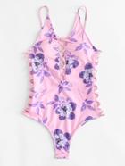 Romwe Flower Print Criss Cross Swimsuit
