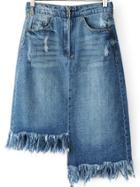 Romwe Blue Raw Hem Asymmetrical Denim Skirt