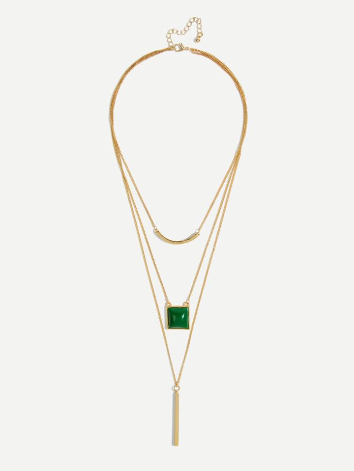 Romwe Bar & Gemstone Pendant Layered Chain Necklace
