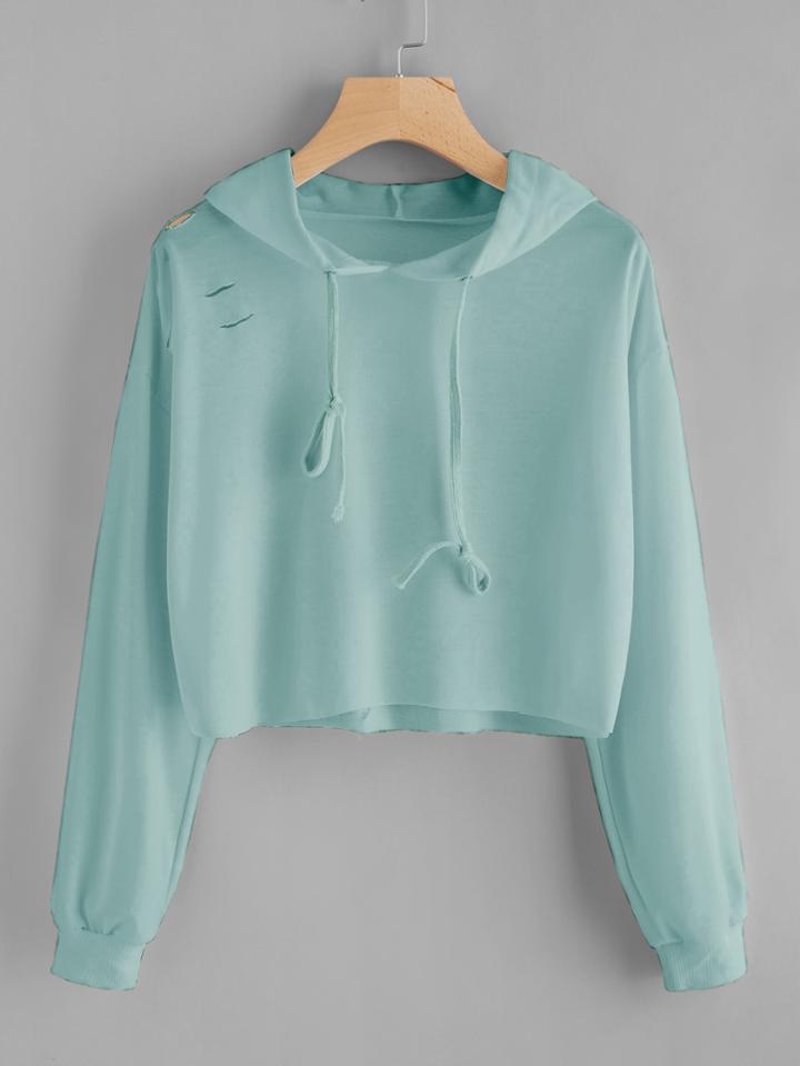Romwe Ripped Raw Hem Drawstring Hoodie