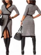 Romwe Women V Neck Houndstooth Split Dress