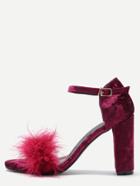 Romwe Burgundy Feather Embellished Open Toe Ankle Strap Velvet Sandals