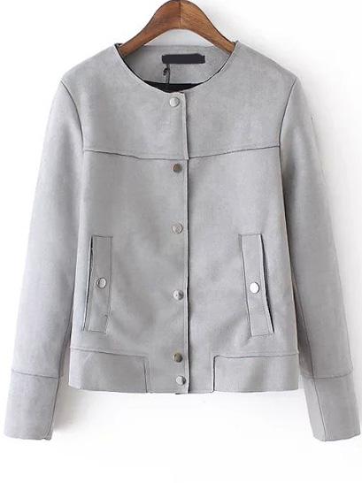 Romwe Round Neck Suede Pockets Grey Jacket