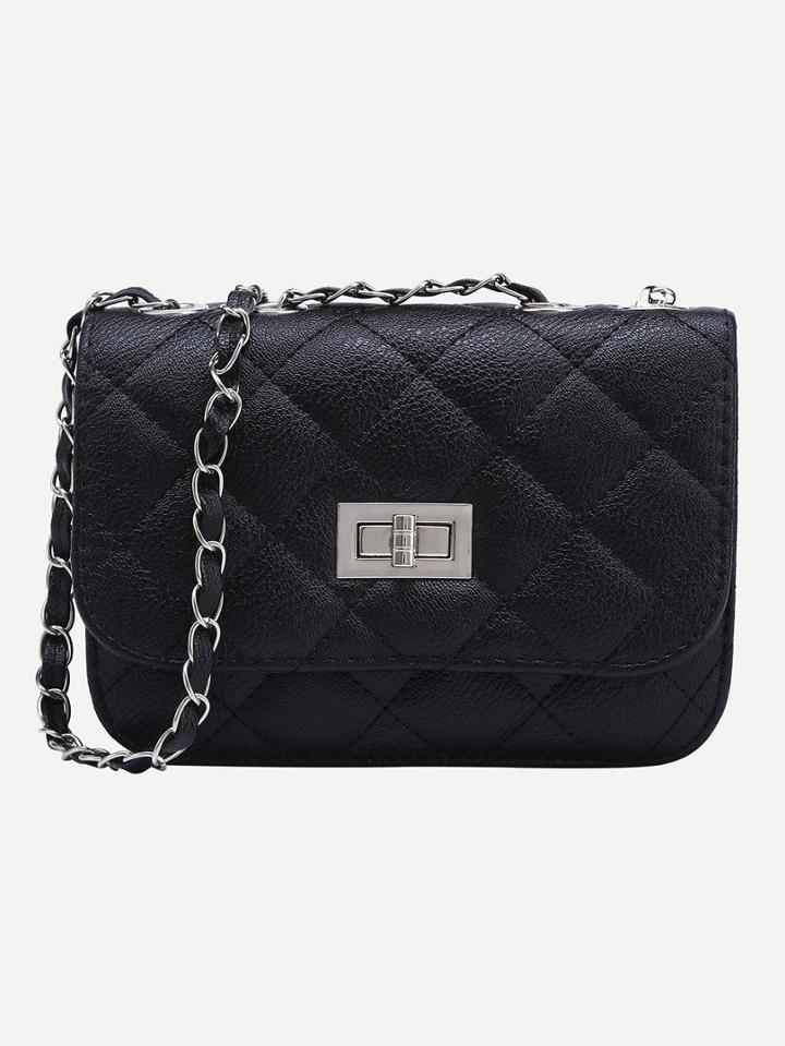 Romwe Black Twist Lock Diamondback Pu Chain Bag