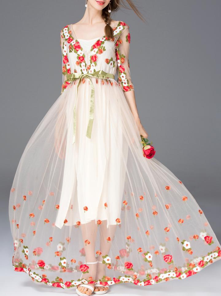 Romwe Apricot V Neck Backless Gauze Embroidered Lace Dress