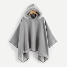 Romwe Woollen Blend Contrast Faux Fur Hooded Outerwear