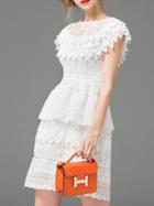 Romwe White Crochet Hollow Out Flounce Lace Dress