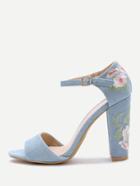 Romwe Blue Flower Embroidery Chunky Heel Sandals
