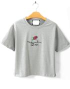 Romwe Rose Embroidered Loose Grey T-shirt