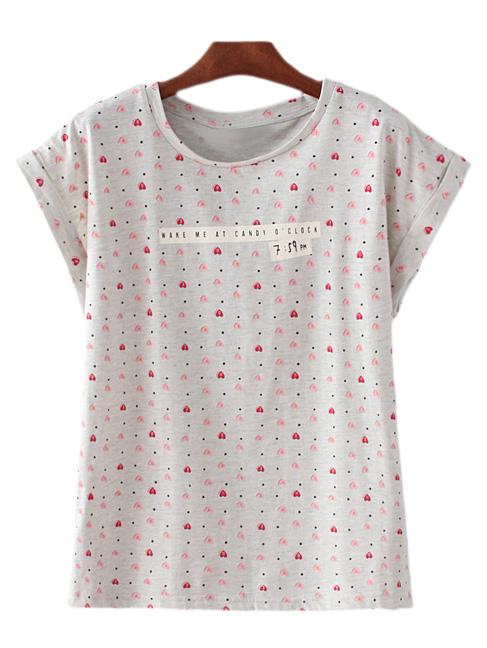 Romwe Multicolor Roll Cuff Letter Hearts Print T-shirt