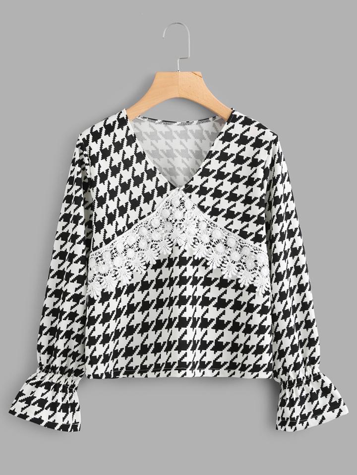 Romwe V Neckline Lace Trim Houndstooth Top