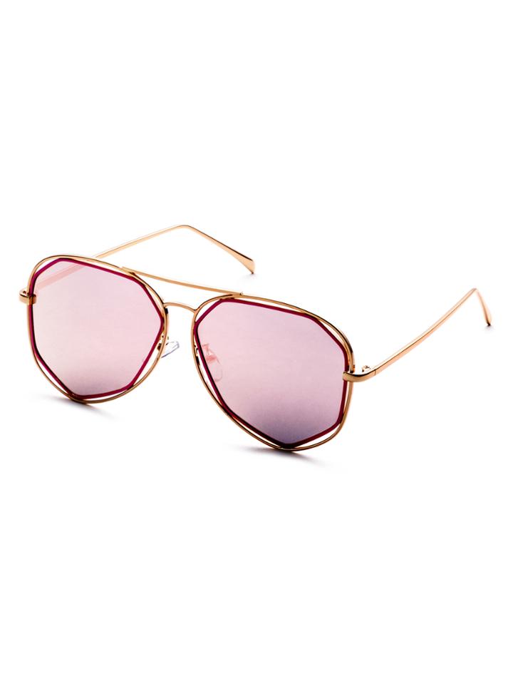 Romwe Metal Frame Pink Lens Hollow Out Sunglasses