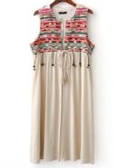 Romwe Beige Pom Pom Self Tie Embroidery Vest